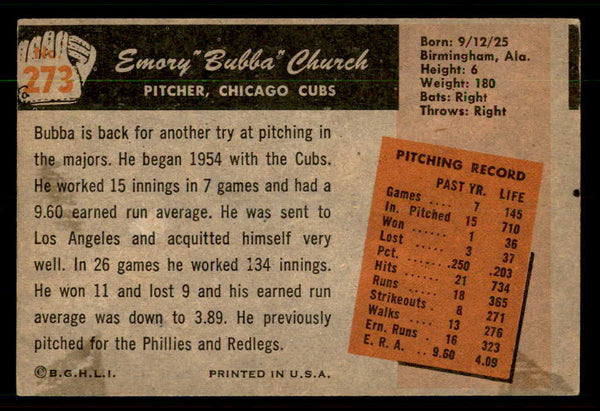 1955 Bowman Baseball #273 Bubba Church Cubs VG-EX 550844