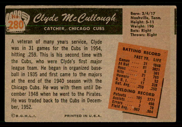 1955 Bowman Baseball #280 Clyde Mccullough Cubs VG-EX 550848