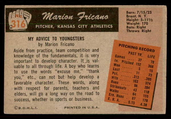 1955 Bowman Baseball #316 Marion Fricano A's VG-EX 550858