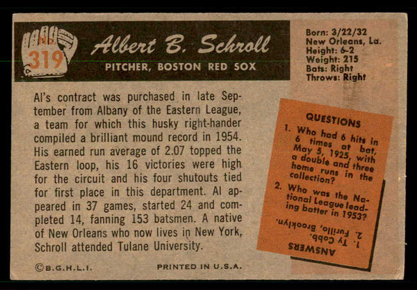 1955 Bowman Baseball #319 Al Schroll Red Sox VG-EX 550860