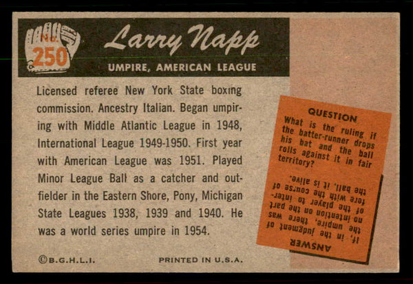 1955 Bowman Baseball #250 Larry Napp Umpire VG-EX 550868