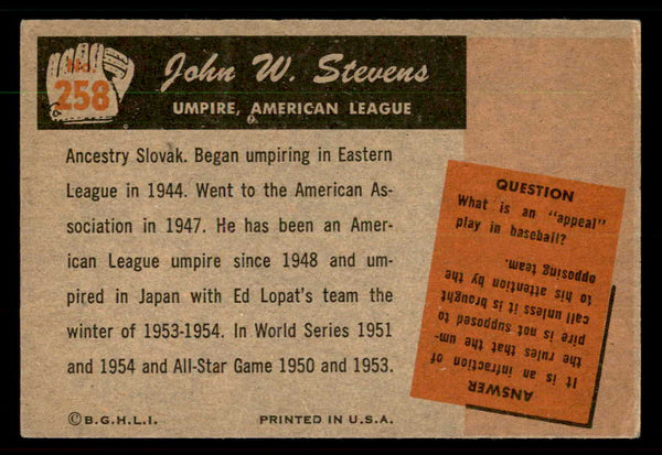 1955 Bowman Baseball #258 John Stevens Umpire VG-EX 550870