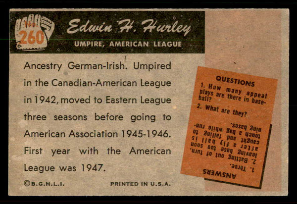 1955 Bowman Baseball #260 Edwin Hurley Umpire VG-EX 550871