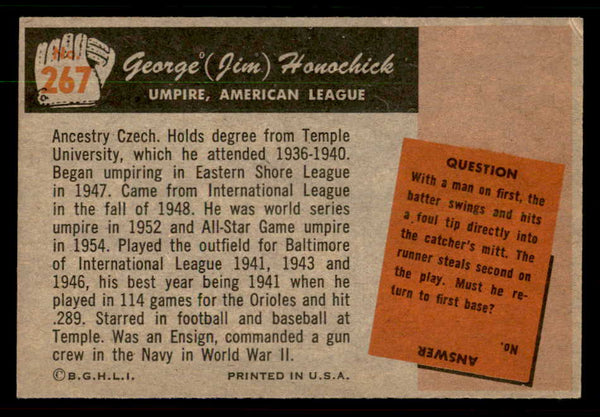1955 Bowman Baseball #267 Jim Honochick Umpire VG-EX 550872