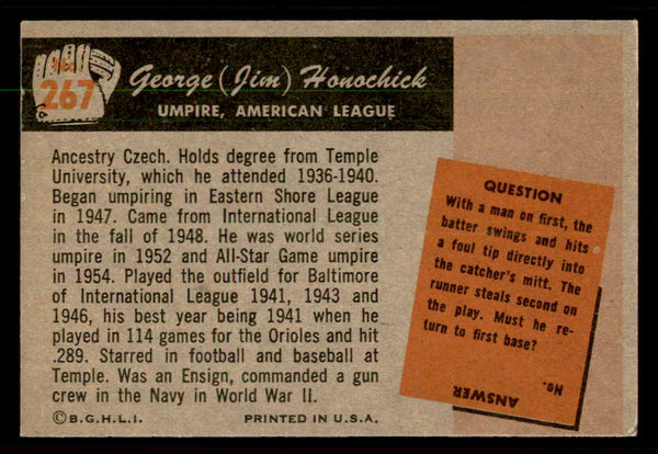 1955 Bowman Baseball #267 Jim Honochick Umpire VG-EX 550874