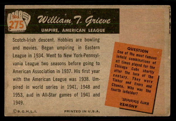 1955 Bowman Baseball #275 William Grieve Umpire VG-EX 550875