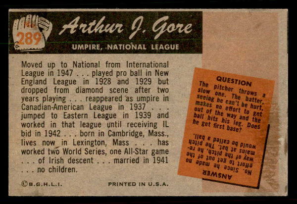 1955 Bowman Baseball #289 Arthur Gore Umpire VG-EX 550883