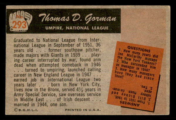 1955 Bowman Baseball #293 Thomas Gorman Umpire VG-EX 550884
