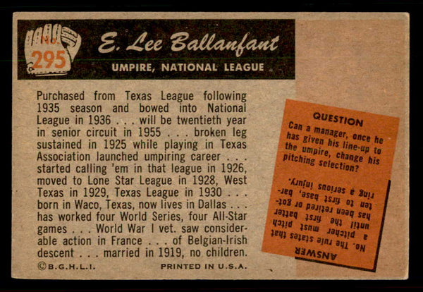 1955 Bowman Baseball #295 E. Lee Ballanfant Umpire VG-EX 550886