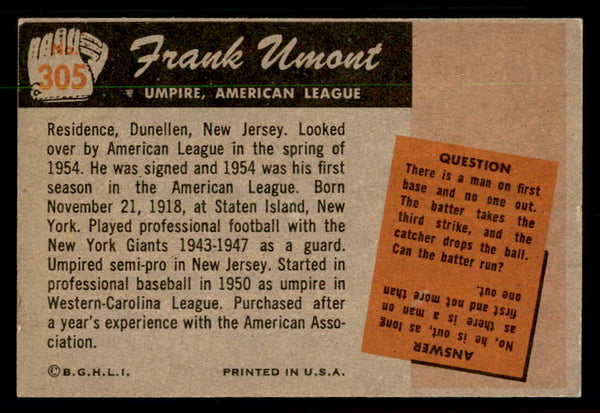 1955 Bowman Baseball #305 Frank Umont Umpire VG-EX 550887