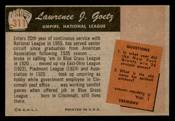 1955 Bowman Baseball #311 Lawrence Goetz Umpire VG-EX 550890