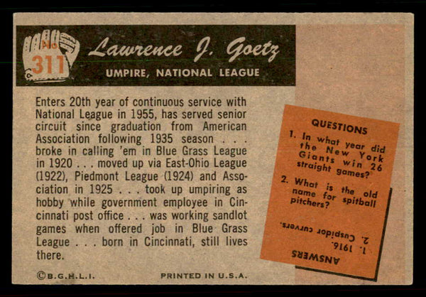 1955 Bowman Baseball #311 Lawrence Goetz Umpire VG-EX 550891