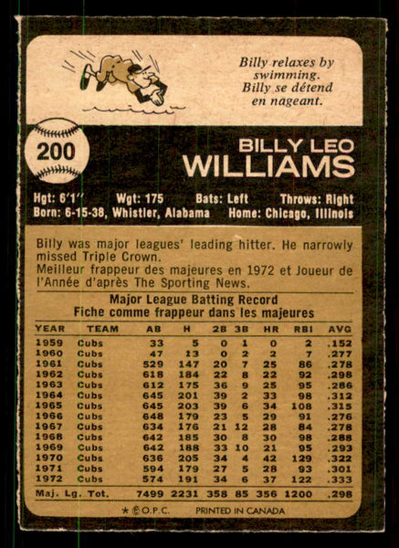 1973 O Pee Chee #200 Billy Williams Cubs EX 550905