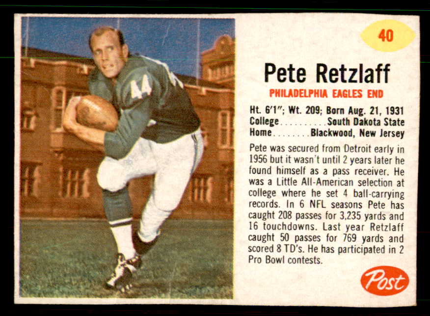 1962 Post Football #040 Pete Retzlaff Eagles Good 550915