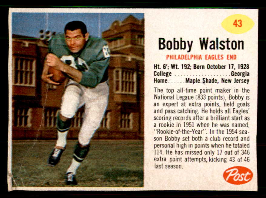 1962 Post Football #043 Bobby Walston Eagles Good 550917