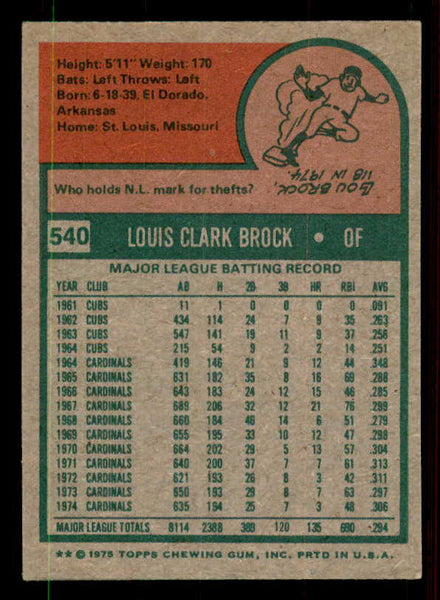 1975 Topps Mini Baseball #540 Lou Brock Cardinals EX 550925