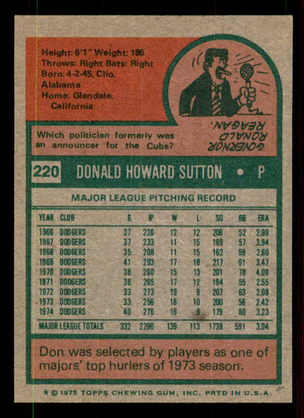 1975 Topps Mini Baseball #220 Don Sutton Dodgers EX-MT 550927