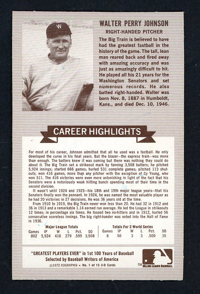 1972 Kelloggs Baseball ATG #001 Walter Johnson Senators EX-MT 551102