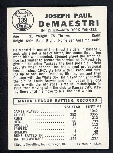 1960 Leaf Baseball #139 Joe Demaestri Yankees VG-EX/EX 551309