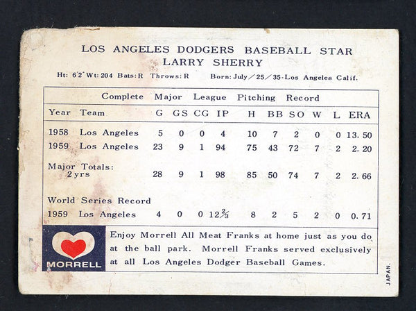 1960 Morrell Meats Larry Sherry Dodgers PR-FR 551316