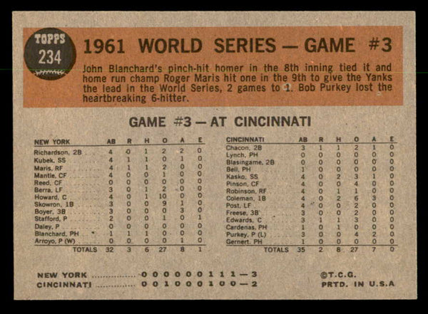 1962 Topps Baseball #234 World Series Game 3 Roger Maris EX 551401