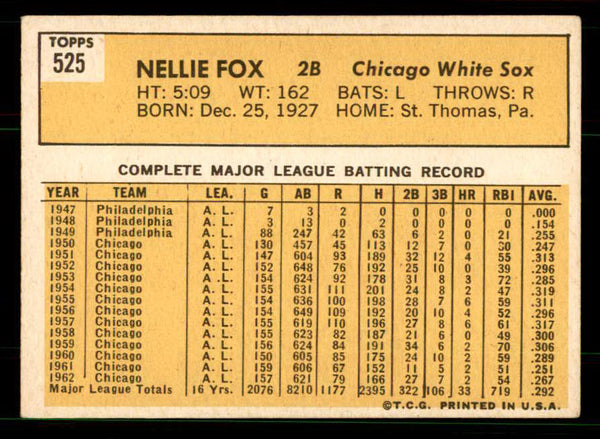 1963 Topps Baseball #525 Nellie Fox White Sox EX 551412