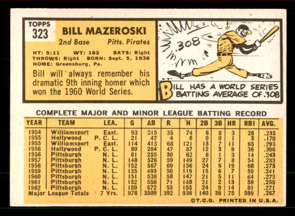 1963 Topps Baseball #323 Bill Mazeroski Pirates EX 551421