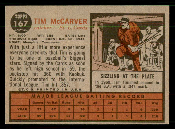 1962 Topps Baseball #167 Tim McCarver Cardinals EX 551431