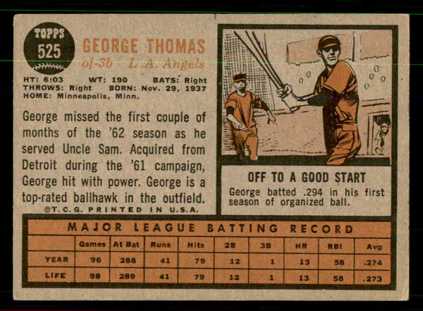 1962 Topps Baseball #525 George Thomas Angels VG-EX 551437