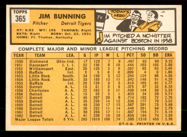 1963 Topps Baseball #365 Jim Bunning Tigers VG-EX 551449