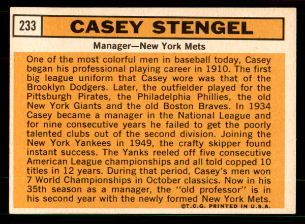 1963 Topps Baseball #233 Casey Stengel Mets EX-MT 551455