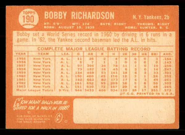1964 Topps Baseball #190 Bobby Richardson Yankees EX-MT 551492