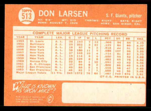 1964 Topps Baseball #513 Don Larsen Giants EX-MT 551494