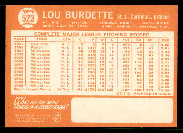 1964 Topps Baseball #523 Lou Burdette Cardinals EX-MT 551501