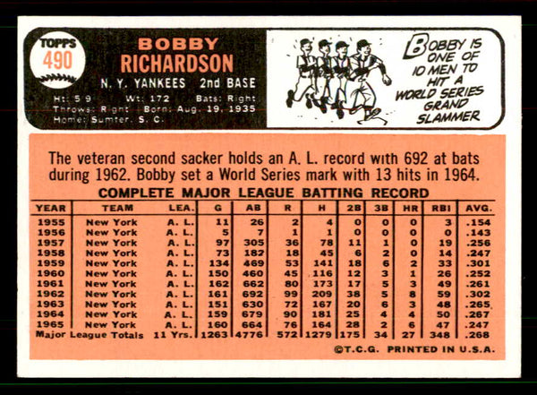 1966 Topps Baseball #490 Bobby Richardson Yankees EX-MT 551503