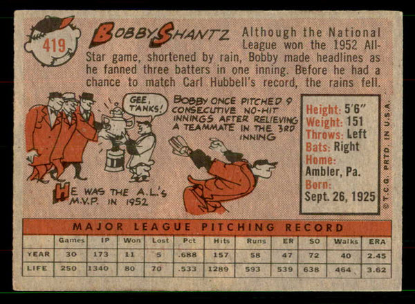 1958 Topps Baseball #419 Bobby Shantz Yankees VG 551520