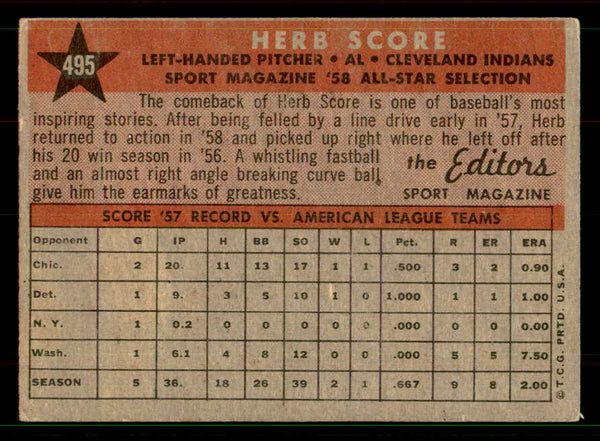 1958 Topps Baseball #495 Herb Score A.S. Indians EX 551524