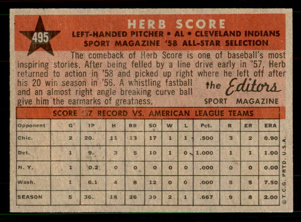1958 Topps Baseball #495 Herb Score A.S. Indians EX-MT 551525