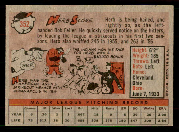 1958 Topps Baseball #352 Herb Score Indians EX-MT 551527