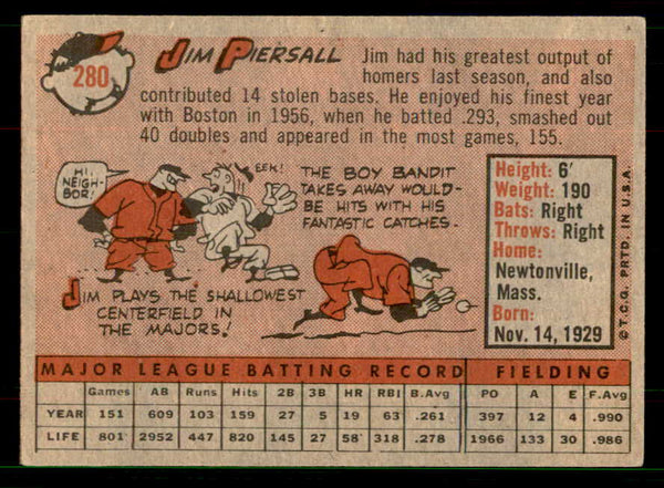 1958 Topps Baseball #280 Jimmy Piersall Red Sox EX-MT 551538