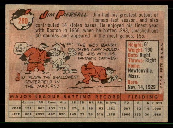 1958 Topps Baseball #280 Jimmy Piersall Red Sox EX-MT 551539