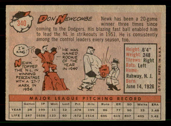 1958 Topps Baseball #340 Don Newcombe Dodgers EX 551540