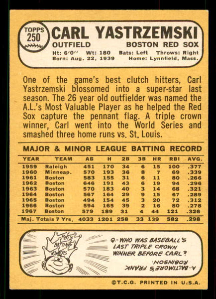 1968 Topps Baseball #250 Carl Yastrzemski Red Sox VG-EX 551552