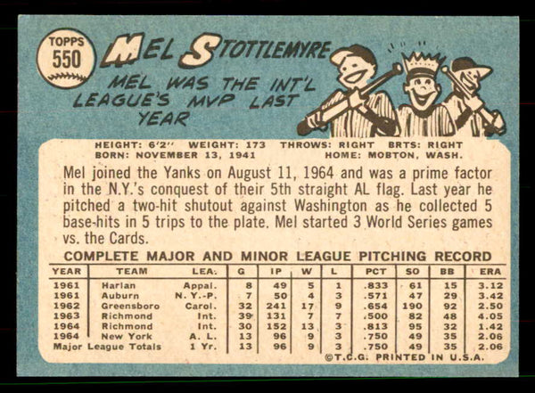 1965 Topps Baseball #550 Mel Stottlemyre Yankees EX-MT 551560