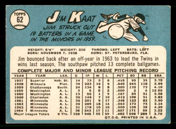1965 Topps Baseball #062 Jim Kaat Twins EX-MT 551579