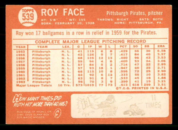 1964 Topps Baseball #539 Roy Face Pirates EX 551580
