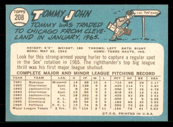 1965 Topps Baseball #208 Tommy John White Sox EX-MT 551584