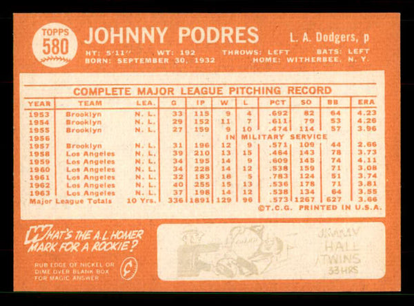 1964 Topps Baseball #580 Johnny Podres Dodgers EX-MT 551596