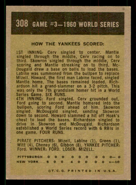 1961 Topps Baseball #308 World Series Game 3 Richardson EX-MT 551610