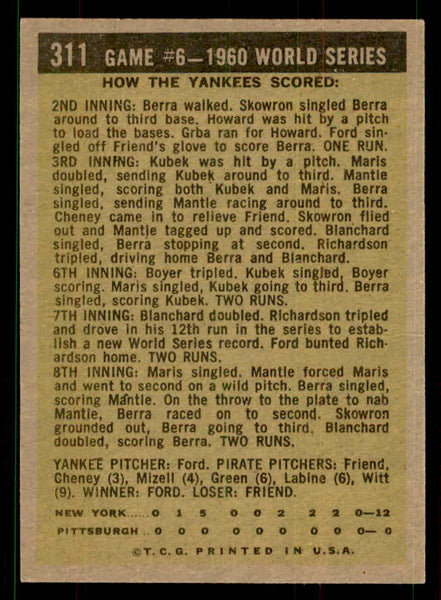 1961 Topps Baseball #311 World Series Game 6 Whitey Ford EX-MT 551612